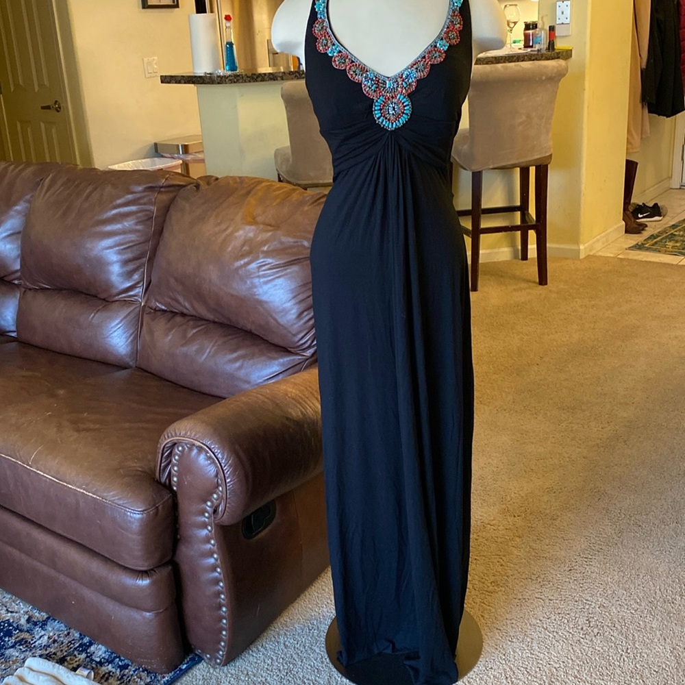 Cache Black Maxi Dress With Beautiful Red And Aqua Beading, sleeveless